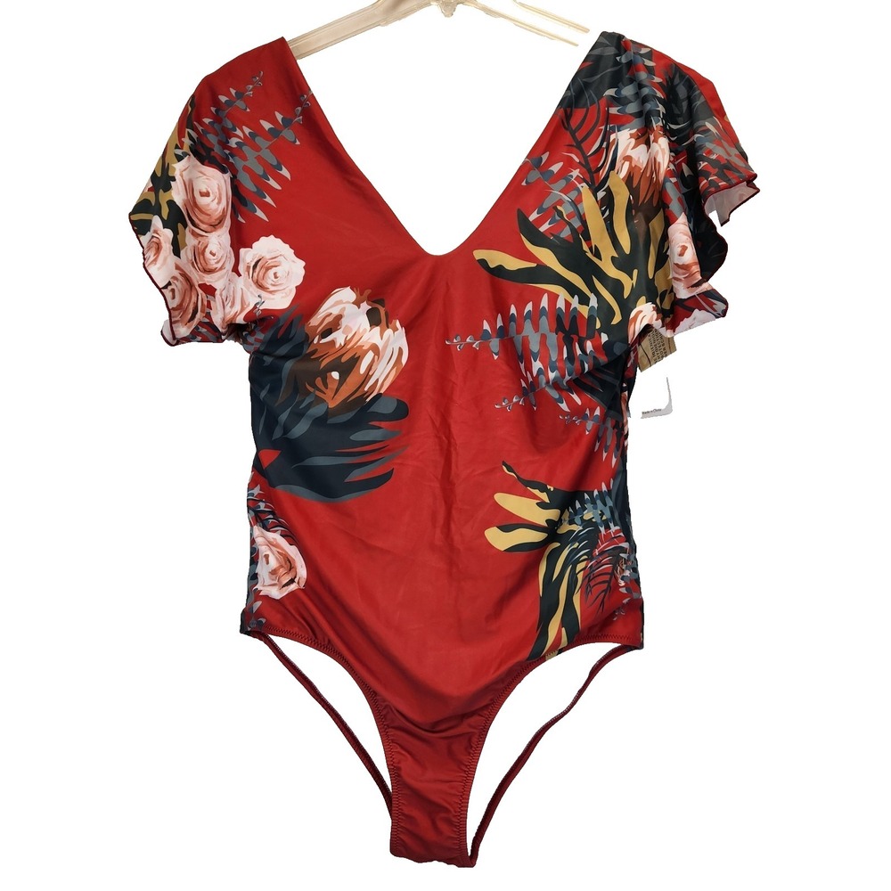 Byinns Women One-Piece Swimsuit Size XXL NWT Red Floral Deep V-Neck Stretch
